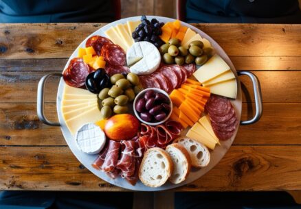 génère moi une photo au format portrait d'une planche apéritive originale sur une table de restaurant vue d'en haut